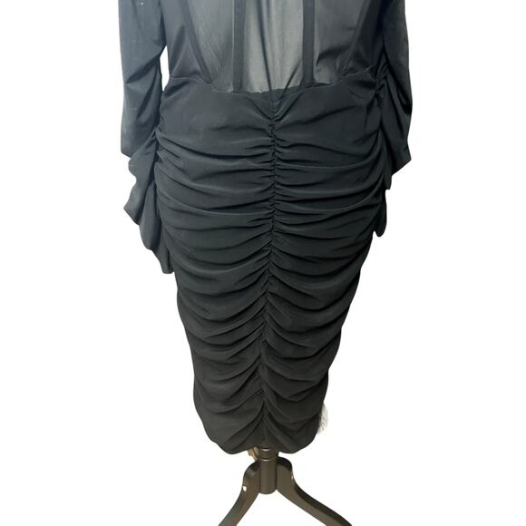 ASOS Luxe Curve Midi Dress Ruched Mesh Long Sleeve Back Zip Closure Black 12 NWT - Picture 3 of 10